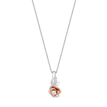 Enchanted Disney Fine Jewelry Womens 1/10 CT. T.W. Genuine White Diamond 14K Rose Gold Over Silver Sterling Silver Flower Beauty and the Beast Belle Pendant Necklace