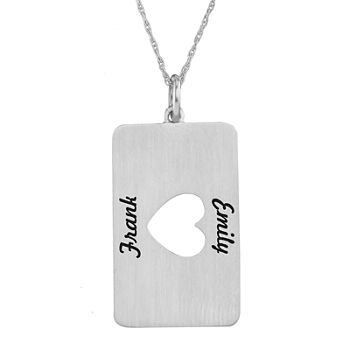 Personalized 10K White Gold Rectangular Cut-out Heart with Names Pendant Necklace