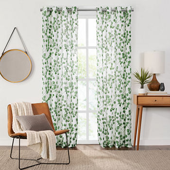 Fieldcrest Arden Botanical Leaf Cotton Sheer Grommet Top Single Curtain Panel