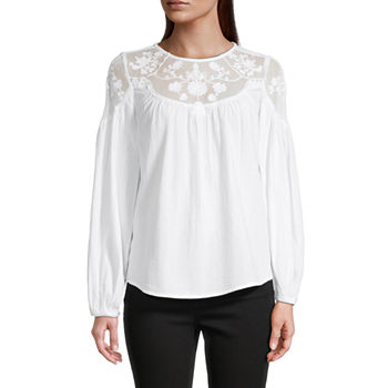 a.n.a Tall Womens Round Neck Long Sleeve Blouse