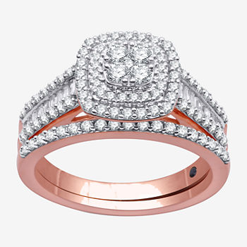 I Said Yes Womens 1 CT. T.W. Lab Grown White Diamond 14K Rose Gold Over Silver Cushion Side Stone Halo Bridal Set