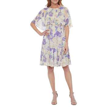 Danny & Nicole Short Sleeve Floral Cape Fit + Flare Dress