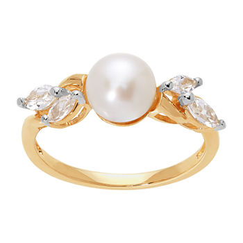 Certified Sofia Cultured Freshwater Pearl and Lab Created White Sapphire in 10K Gold Cocktail Ring