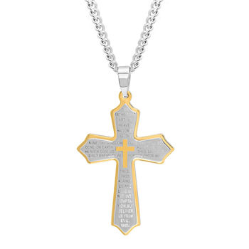 Mens Stainless Steel Lord's Prayer Cross Pendant Necklace