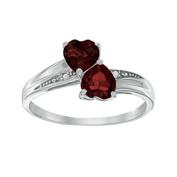 Genuine Garnet and Diamond-Accent Sterling Silver Double-Heart Ring