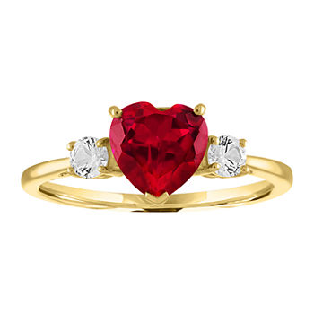 Womens Lab Created Red Ruby 10K Gold Heart Side Stone Cocktail Ring