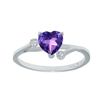Genuine Amethyst and White Topaz Sterling Silver Heart-Shaped Ring