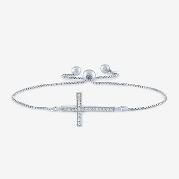 Sideways 1/10 CT. T.W. Genuine White Diamond Sterling Silver Cross Bolo Bracelet