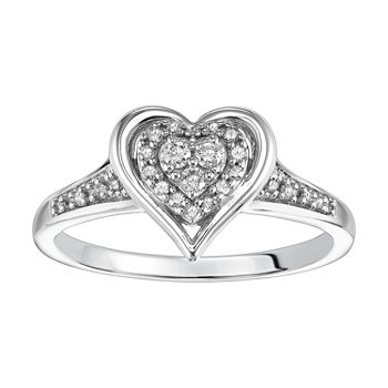 Womens 1/6 CT. T.W. Genuine White Diamond Sterling Silver Heart Side Stone Halo Engagement Ring