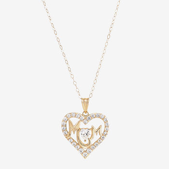 "Mom" Womens White Cubic Zirconia 10K Gold Heart Pendant Necklace