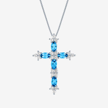 Womens Lab Created Blue Topaz Sterling Silver Cross Pendant Necklace