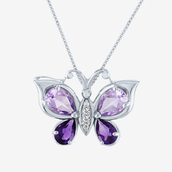 Womens Genuine Purple Amethyst Sterling Silver Butterfly Pendant Necklace