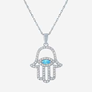 Womens Genuine Blue Topaz Sterling Silver Hamsa Pendant Necklace