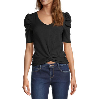 by&by Juniors Womens V Neck Elbow Sleeve Top