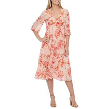 Melonie T 3/4 Sleeve Floral Midi Fit + Flare Dress