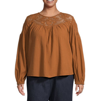 a.n.a Plus Womens Round Neck Long Sleeve Blouse