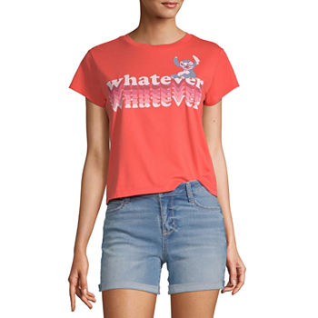 Disney Collection-Juniors Lilo & Stitch Womens Crew Neck Short Sleeve Graphic T-Shirt