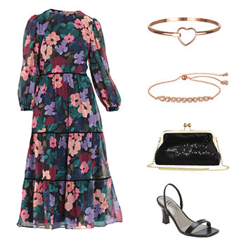 Long-Sleeve Fit & Flare Dress, Worthington Heeled Sandals & Olivia Miller Evening Bag