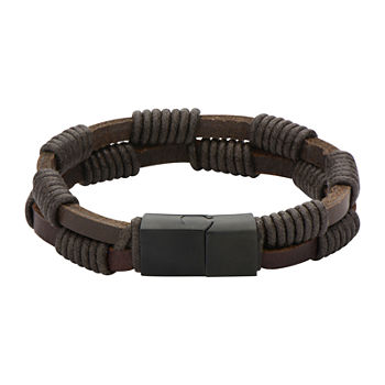 Mens Double-Row Brown Leather and Rope Wrap Bracelet