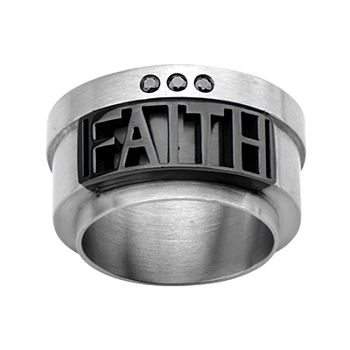Mens "Faith" Cutout Black Cubic Zirconia Stainless Steel Ring