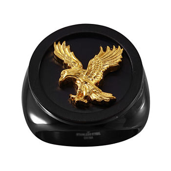 Mens Black and Gold IP Stainless Steel Eagle Ring