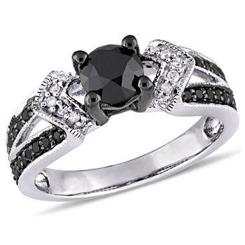 Womens 1 CT. T.W. Color Enhanced Round Black & White Diamond Sterling Silver Engagement Ring