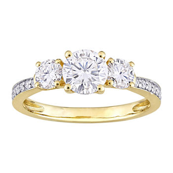 Womens Lab Created White Moissanite 10K Gold 3-Stone Engagement Ring