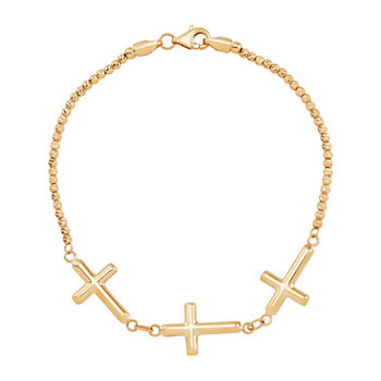 Religious Jewelry 10K Gold 7.25 Inch Hollow Bead Cross Link Bracelet