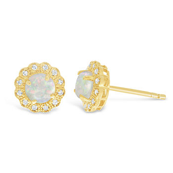 Diamond Accent Lab Created White Opal 14K Gold Over Silver 9mm Stud Earrings