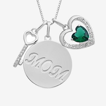 "Mom" Womens Simulated Green Emerald Sterling Silver Heart Keys Pendant Necklace