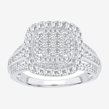 Womens 1 CT. T.W. Genuine White Diamond 10K White Gold Round Square Halo Engagement Ring
