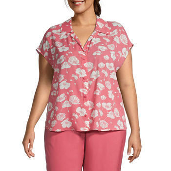 Worthington Plus Womens Short Sleeve Adaptive Regular Fit Button-Down Shirt