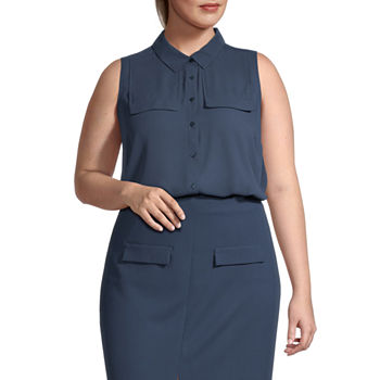 Worthington Plus Womens Sleeveless Regular Fit Button-Down Shirt