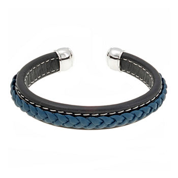 Mens Black and Blue Braided Leather Cuff Bracelet
