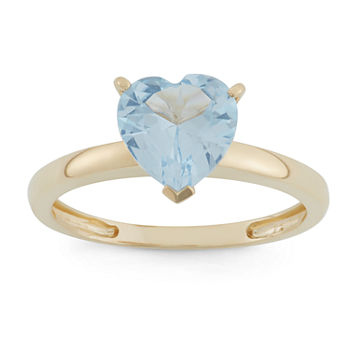Womens Lab Created Blue Aquamarine 10K Gold Heart Solitaire Cocktail Ring