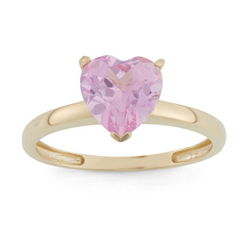 Womens Lab Created Pink Sapphire 10K Gold Heart Solitaire Cocktail Ring