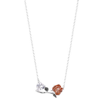 Disney Disney Classics Cubic Zirconia 18 Inch Cable Flower Beauty and the Beast Pendant Necklace