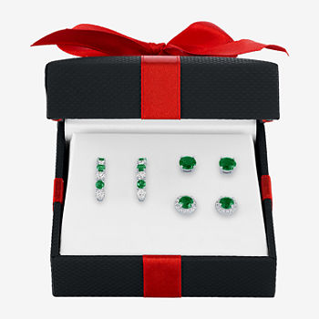 Simulated Green Emerald Sterling Silver 3 Pair Earring Set
