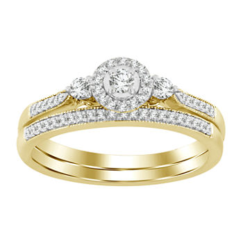 Love Lives Forever Womens 1/4 CT. T.W. Genuine White Diamond 10K Gold Round Halo 3-Stone Bridal Set