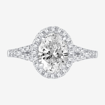 Signature By Modern Bride Womens 2 CT. T.W. Lab Grown White Diamond 14K White Gold Oval Side Stone Halo Engagement Ring