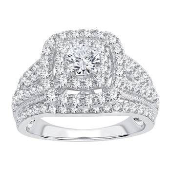 Womens 2 CT. T.W. Genuine White Diamond 10K White Gold Cushion Halo Engagement Ring