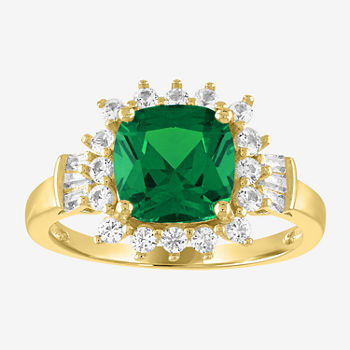 Womens Simulated Green Emerald Sterling Silver Cocktail Ring