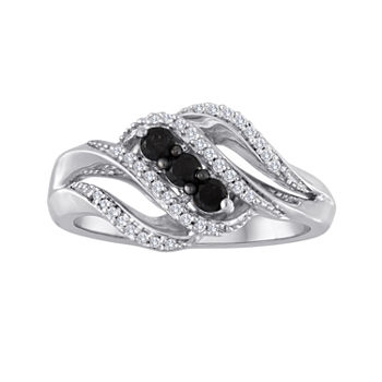 Midnight Black Diamond 1/3 CT. T.W. White and Color-Enhanced Black Diamond 3-Stone Crossover Ring