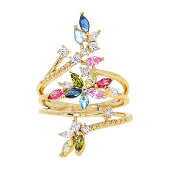 Sparkle Allure Cubic Zirconia 14K Gold Over Brass Flower Bypass  Cluster Cocktail Ring