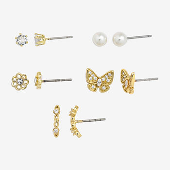 Sparkle Allure 5 Pair Cubic Zirconia Simulated Pearl Butterfly 14K Gold Over Brass Earring Set