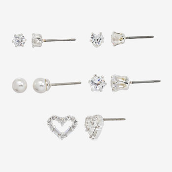 Sparkle Allure Pure Silver Over Brass 5 Pair Cubic Zirconia Simulated Pearl Heart Earring Set