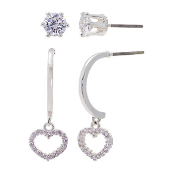 Sparkle Allure Pure Silver Over Brass 2 Pair Cubic Zirconia Heart Earring Set