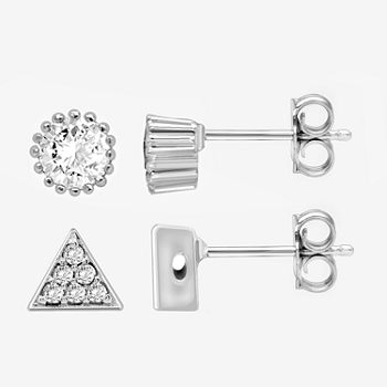 Itsy Bitsy Sterling Silver 2 Pair Cubic Zirconia Triangle Earring Set