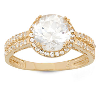 Womens Lab Created White Sapphire 10K Gold Round Halo Engagement Ring