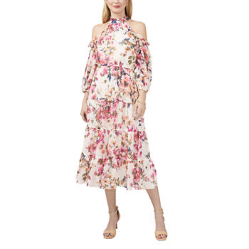 Sam And Dress 3/4 Sleeve Cold Shoulder Floral Midi Fit + Flare Dress